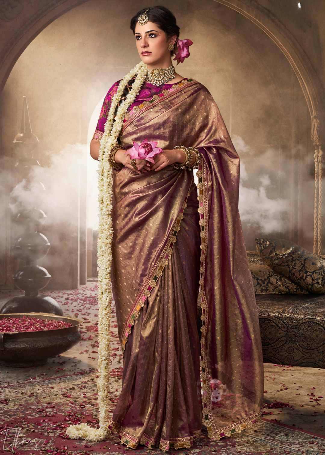 Rich Mauve Pom-Pom Border Tissue Silk Saree