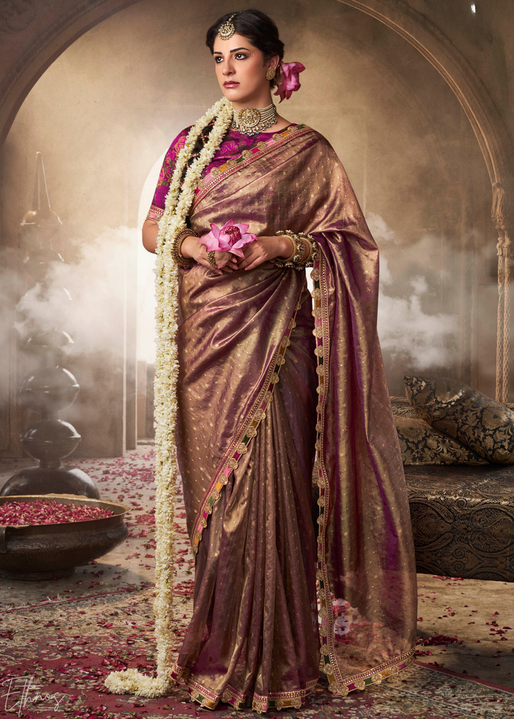 Rich Mauve Pom-Pom Border Tissue Silk Saree