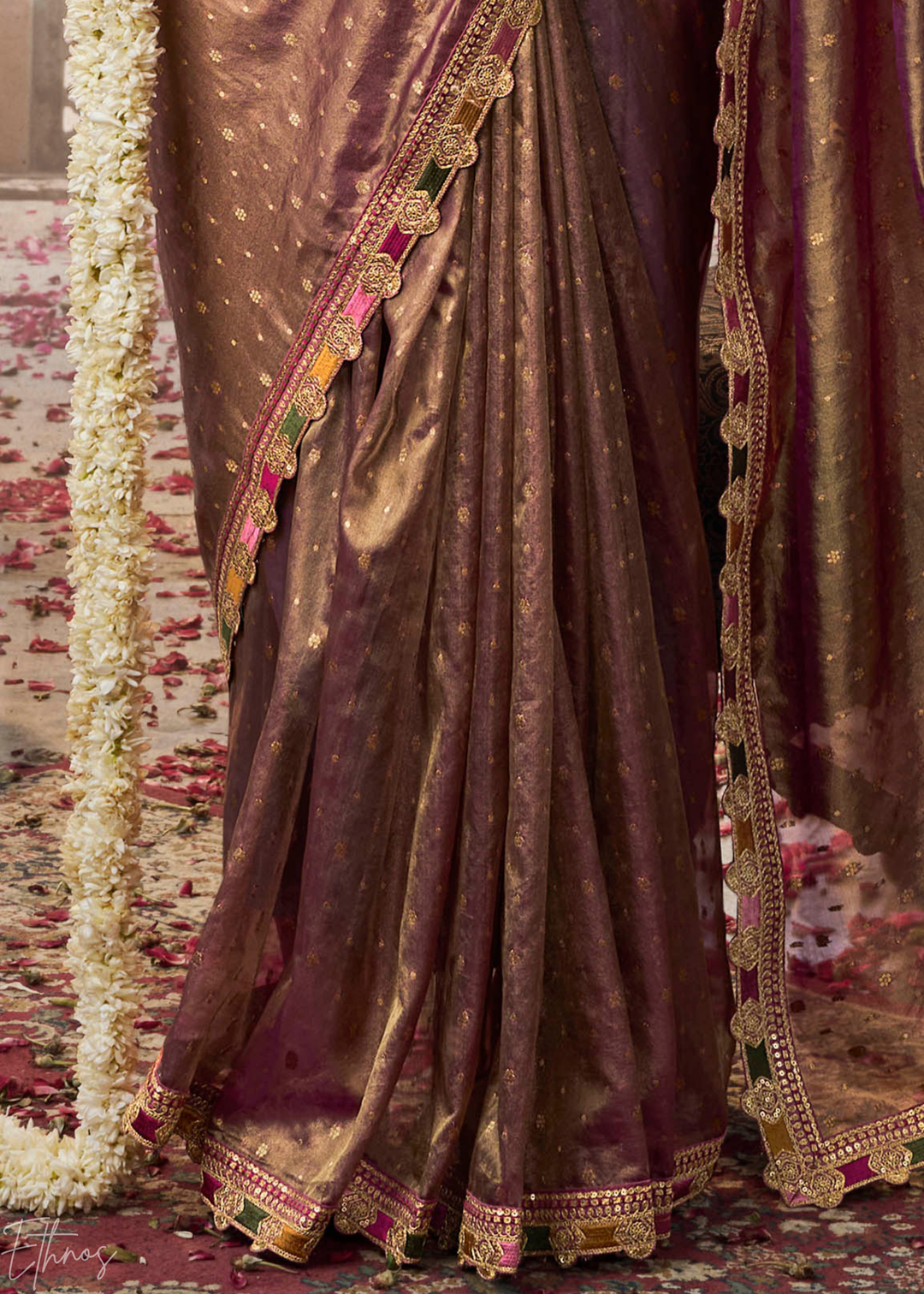 Rich Mauve Pom-Pom Border Tissue Silk Saree