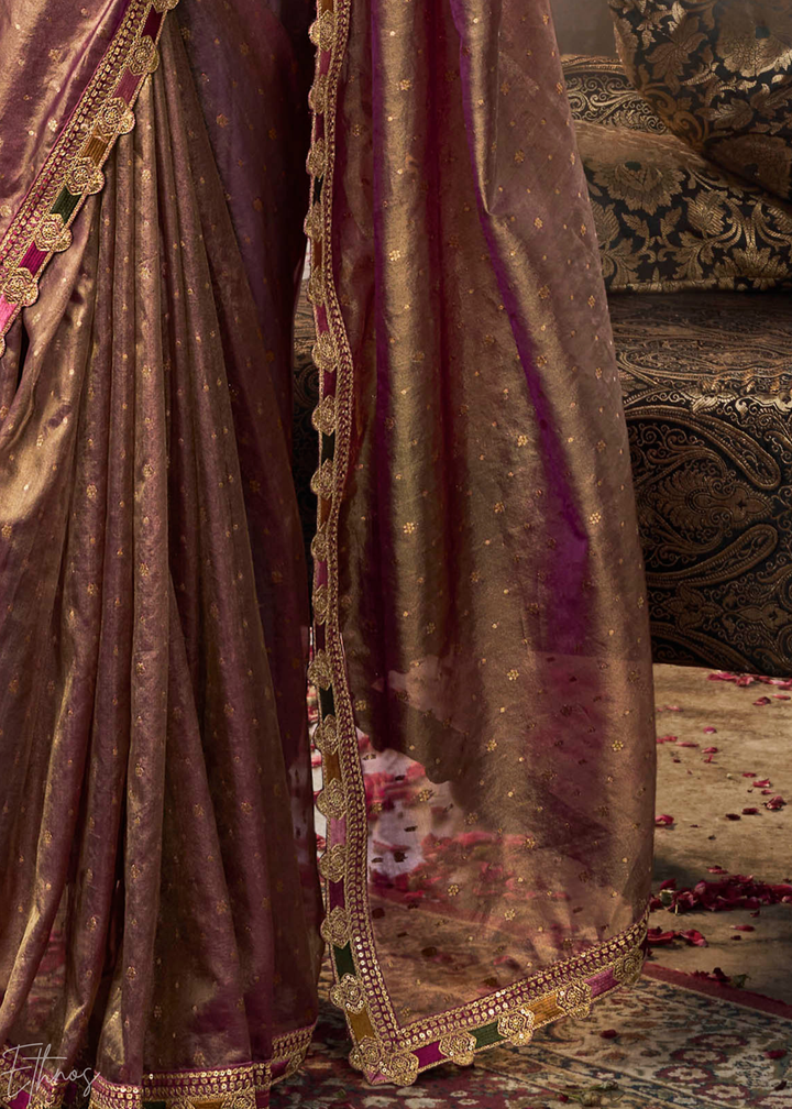 Rich Mauve Pom-Pom Border Tissue Silk Saree