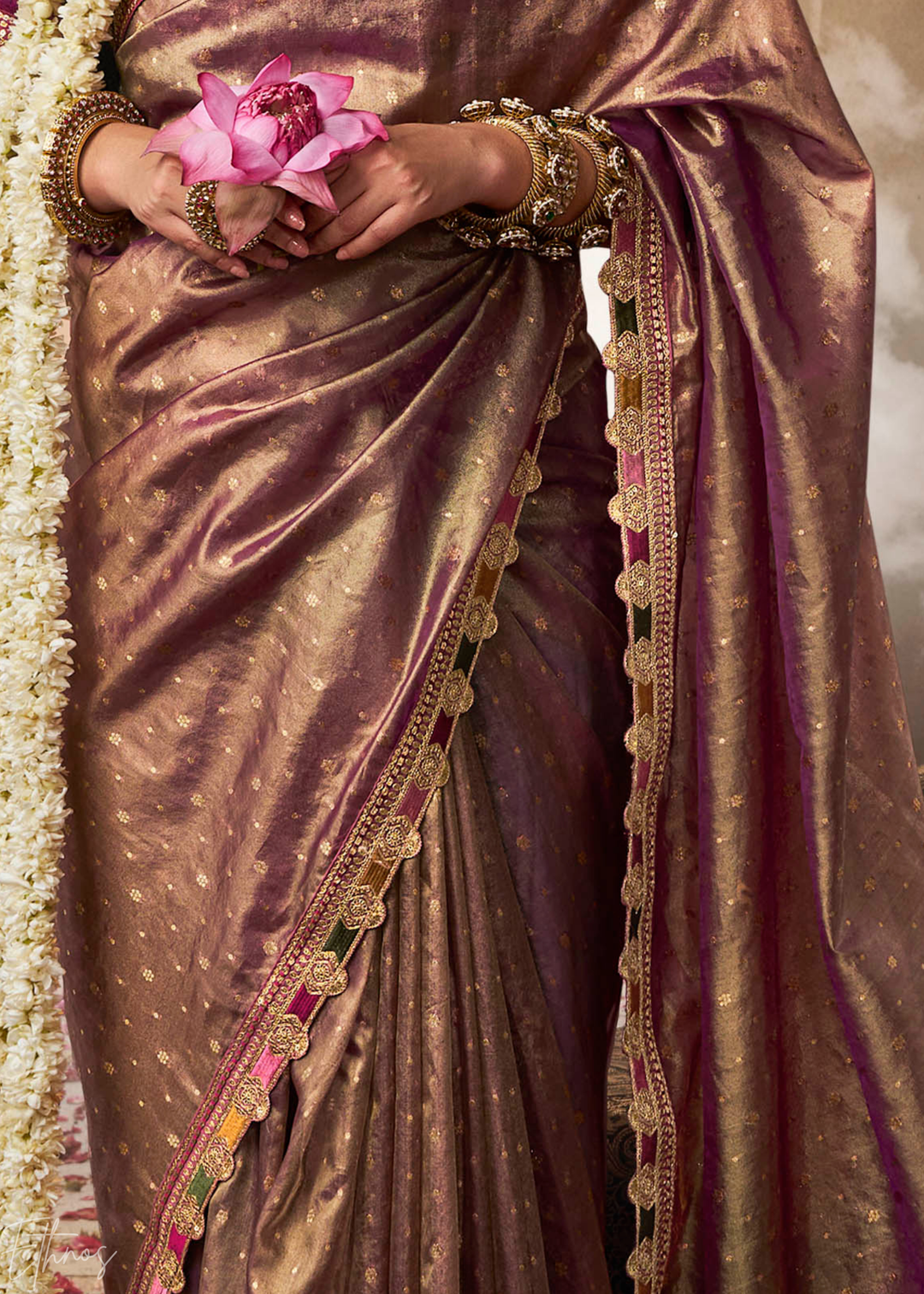 Rich Mauve Pom-Pom Border Tissue Silk Saree