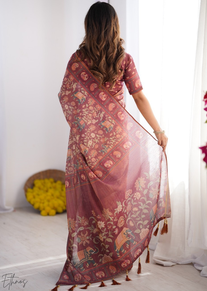 Rose Elephant Kalamkari Cotton Linen Saree