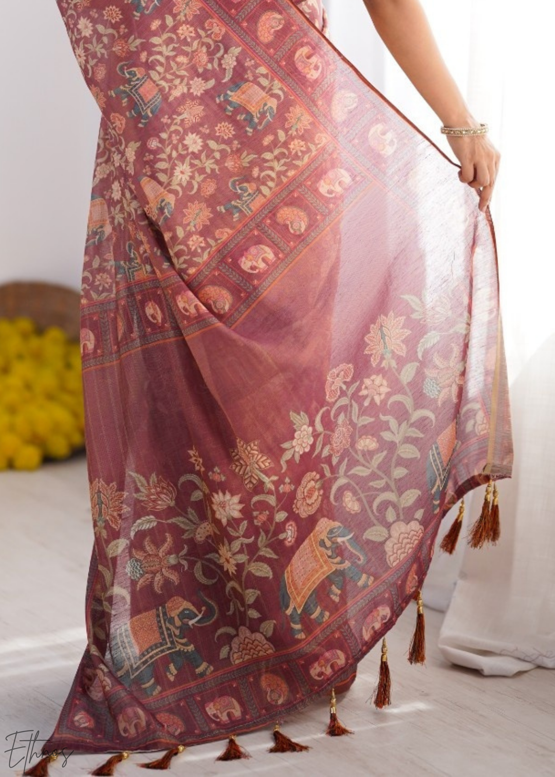 Rose Elephant Kalamkari Cotton Linen Saree