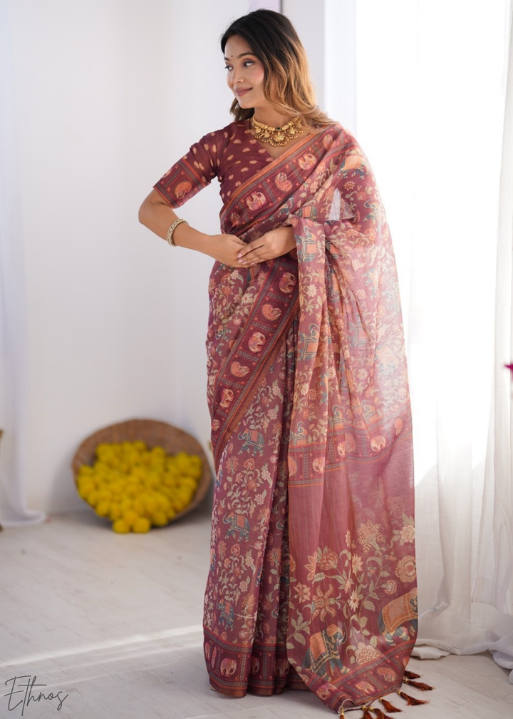 Rose Elephant Kalamkari Cotton Linen Saree