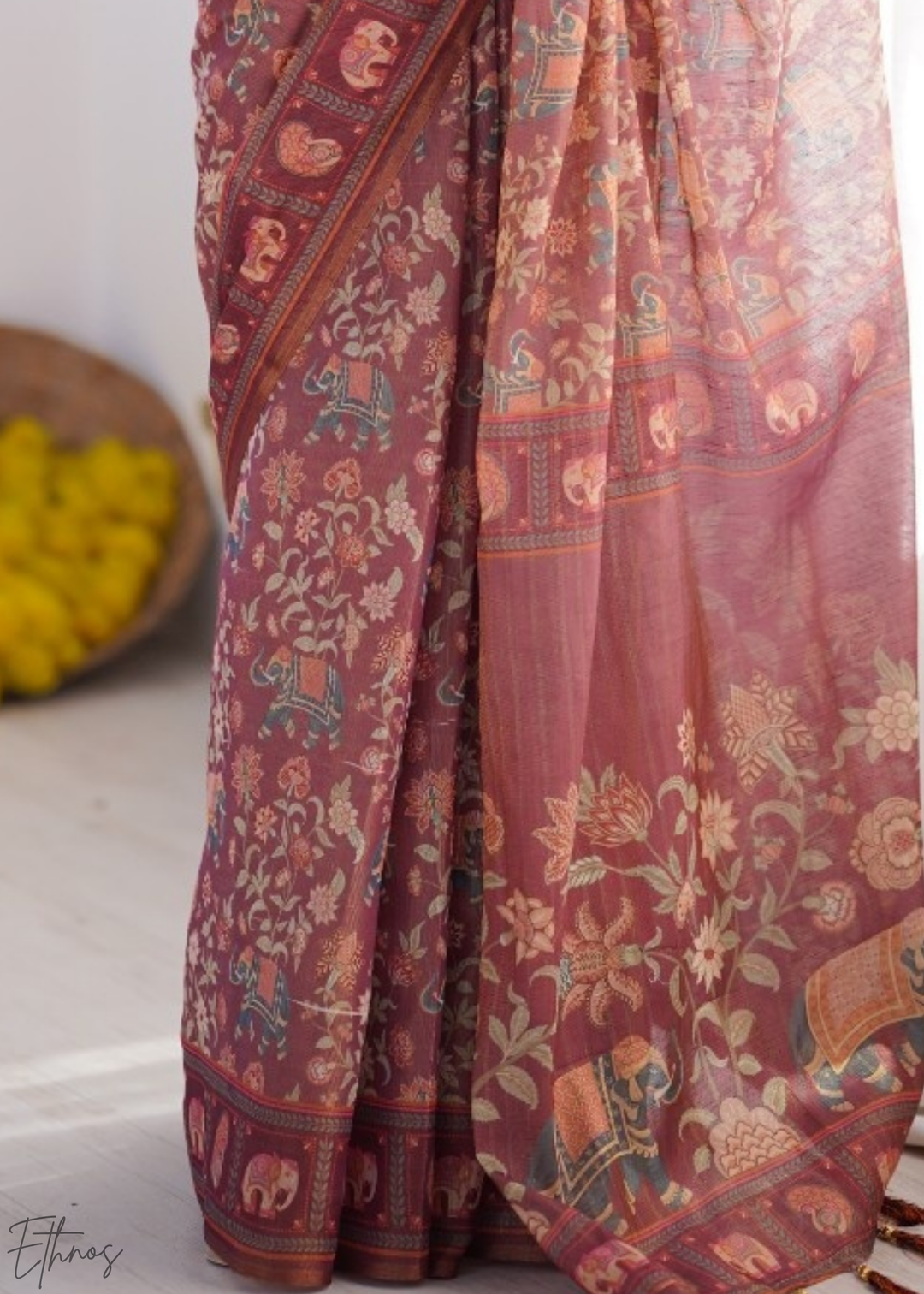 Rose Elephant Kalamkari Cotton Linen Saree