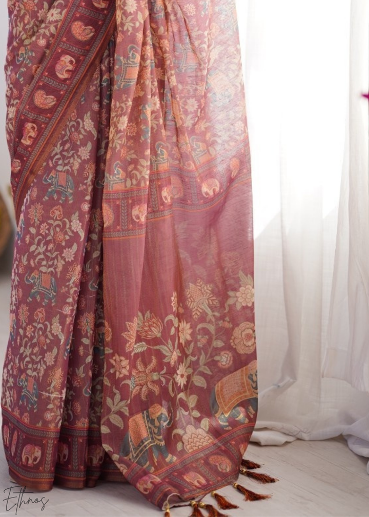 Rose Elephant Kalamkari Cotton Linen Saree
