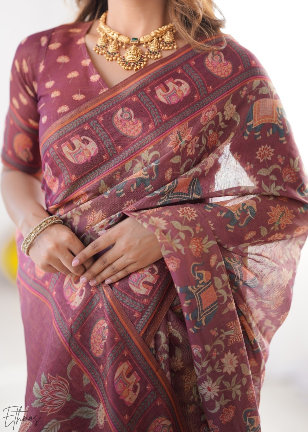 Rose Elephant Kalamkari Cotton Linen Saree