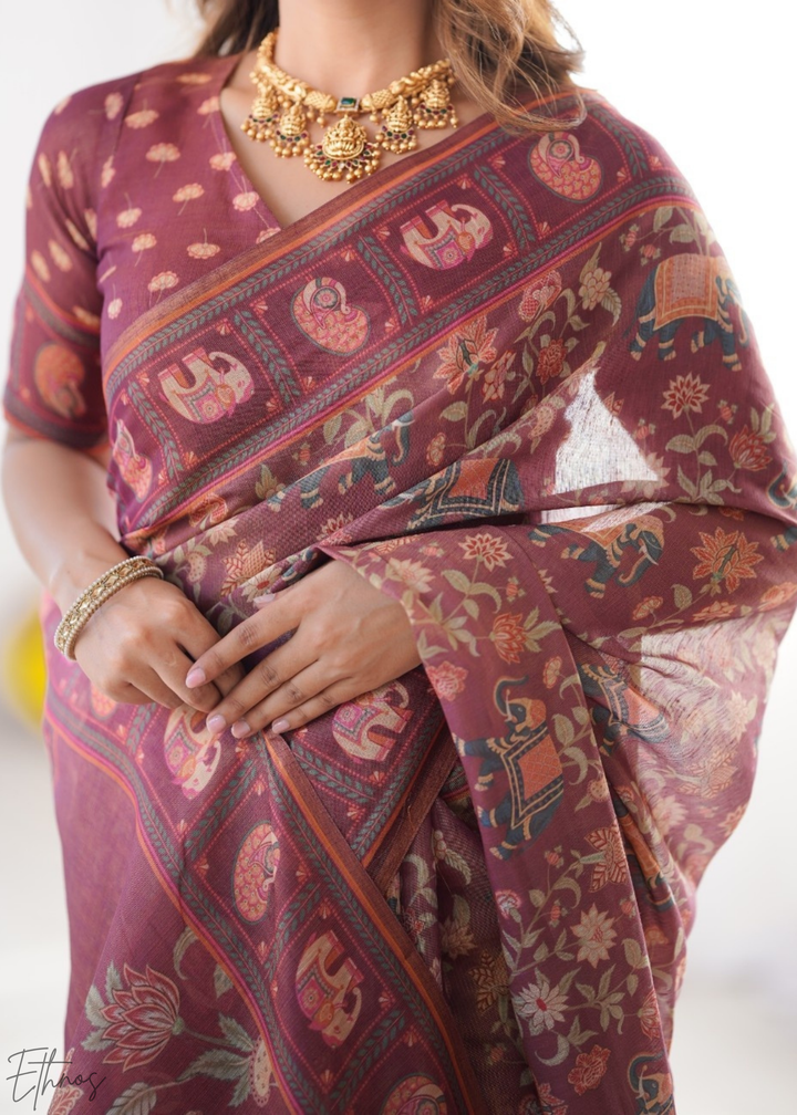Rose Elephant Kalamkari Cotton Linen Saree