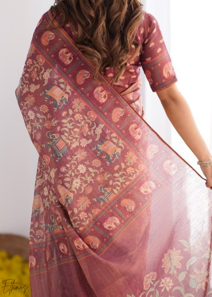 Rose Elephant Kalamkari Cotton Linen Saree