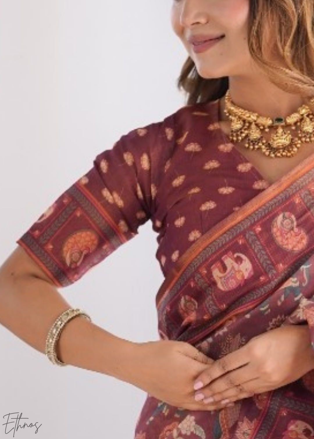 Rose Elephant Kalamkari Cotton Linen Saree