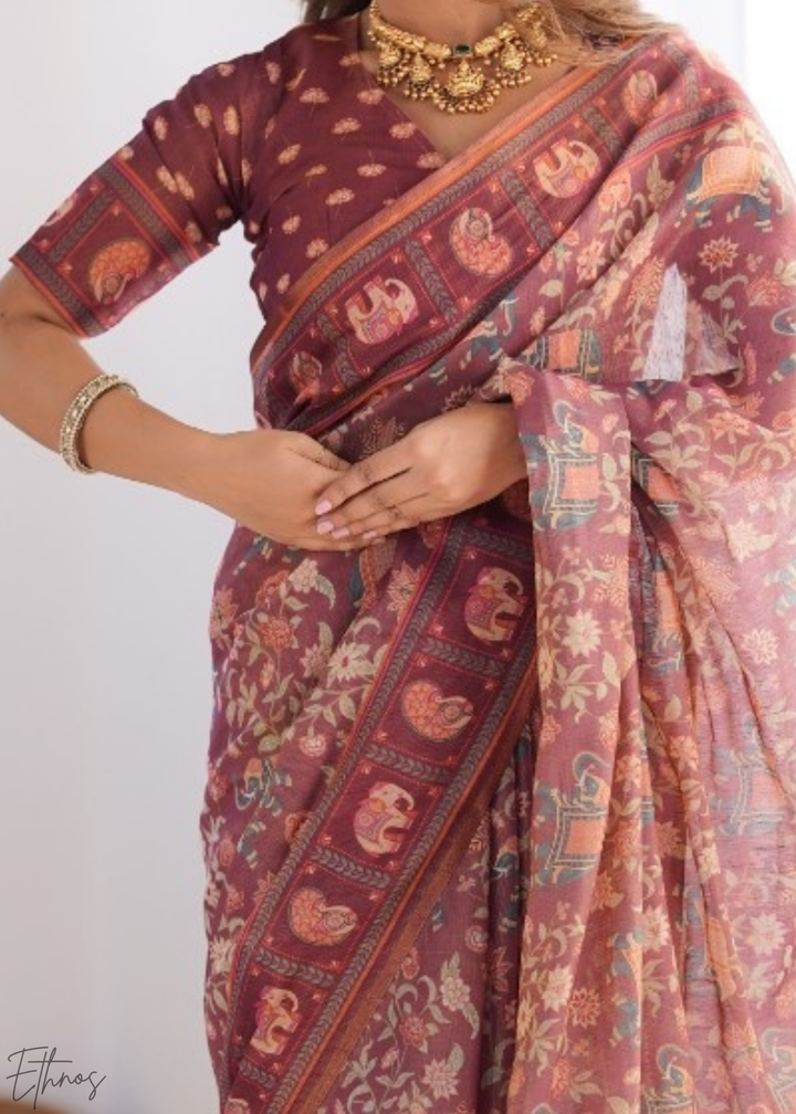 Rose Elephant Kalamkari Cotton Linen Saree