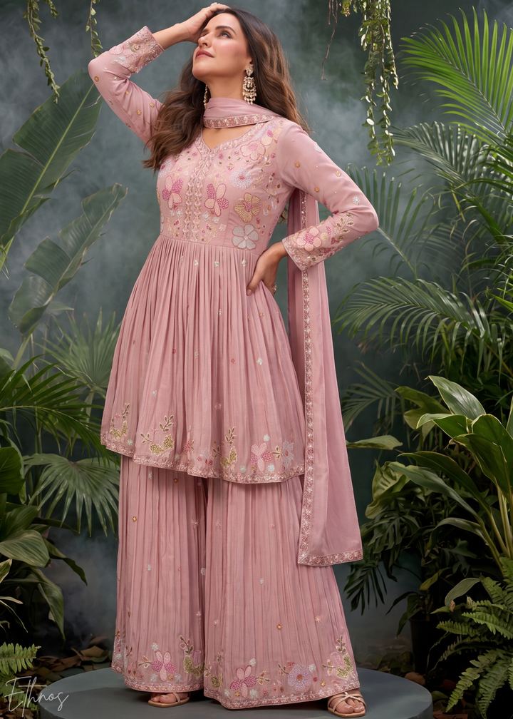 Rose Floral Embroidered Chinon Peplum Sharara Suit
