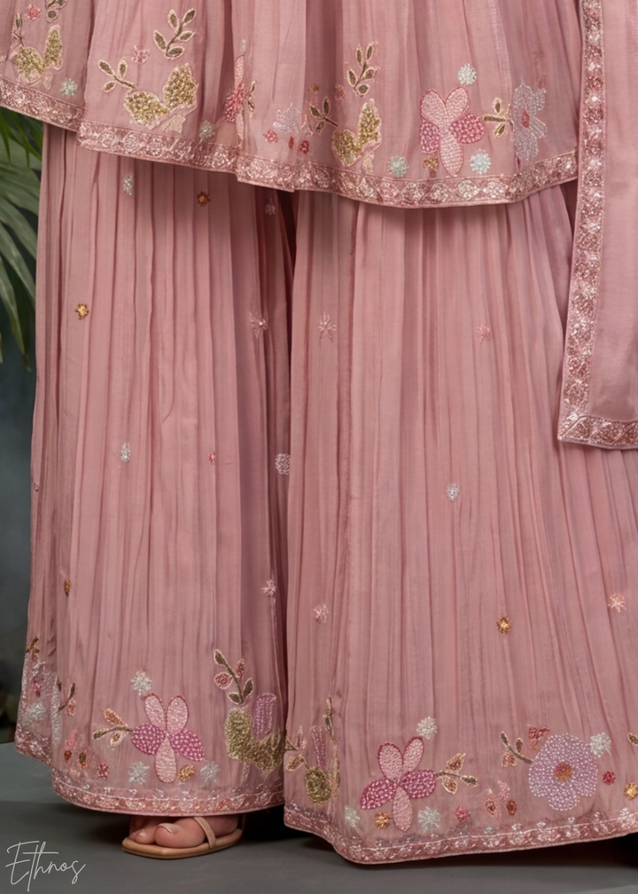 Rose Floral Embroidered Chinon Peplum Sharara Suit