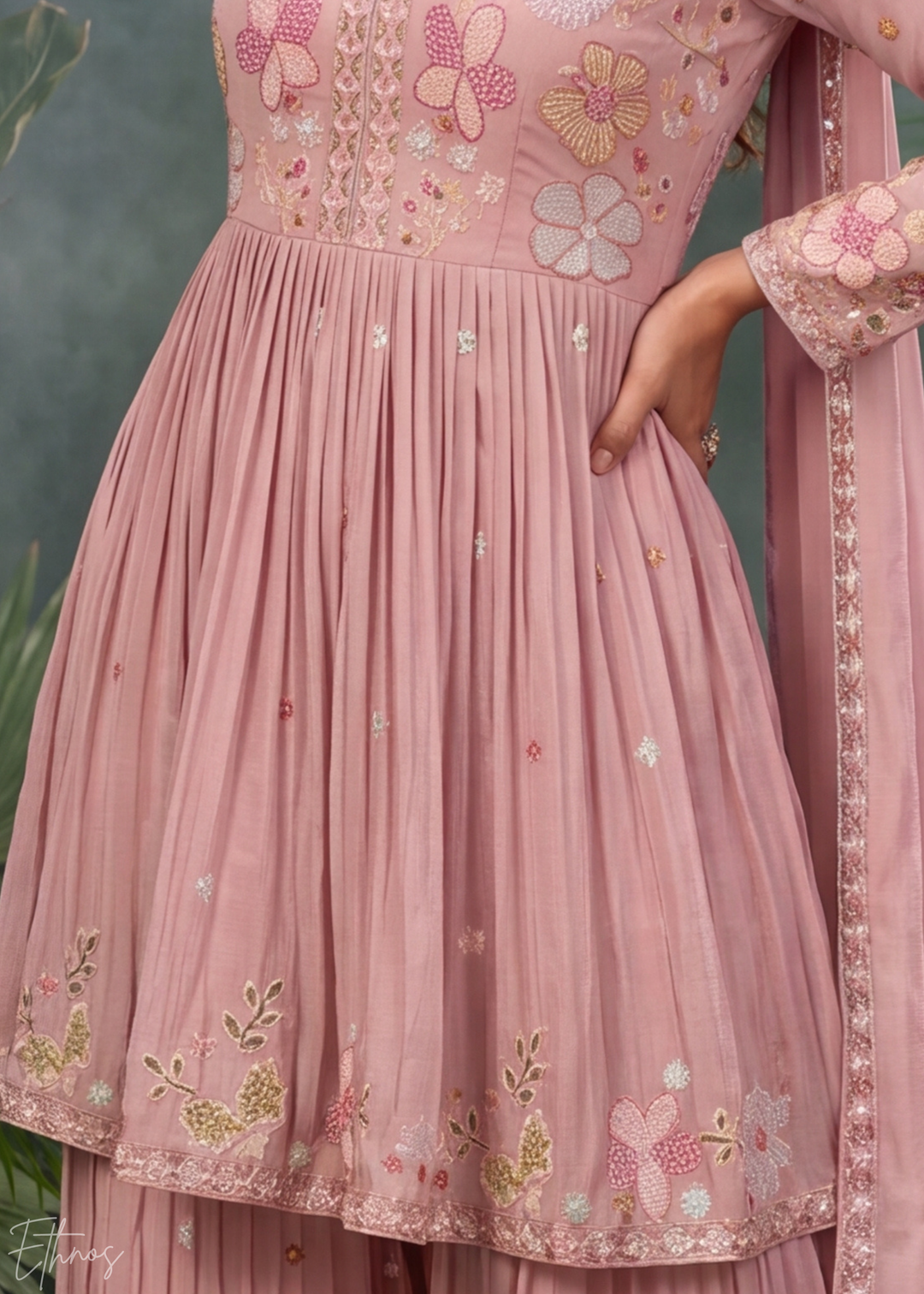 Rose Floral Embroidered Chinon Peplum Sharara Suit