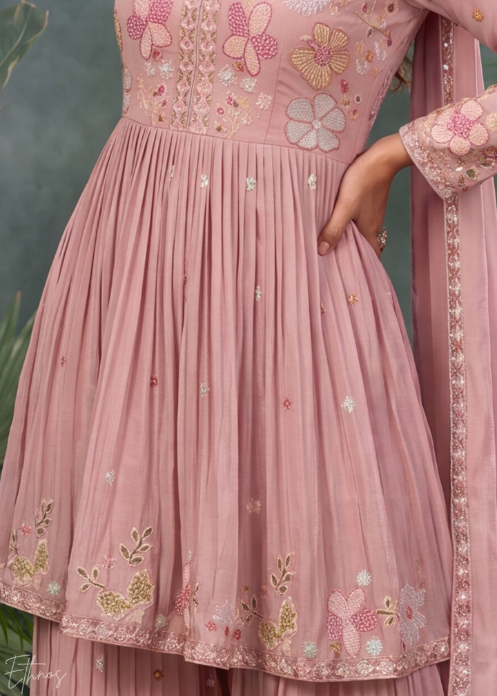 Rose Floral Embroidered Chinon Peplum Sharara Suit