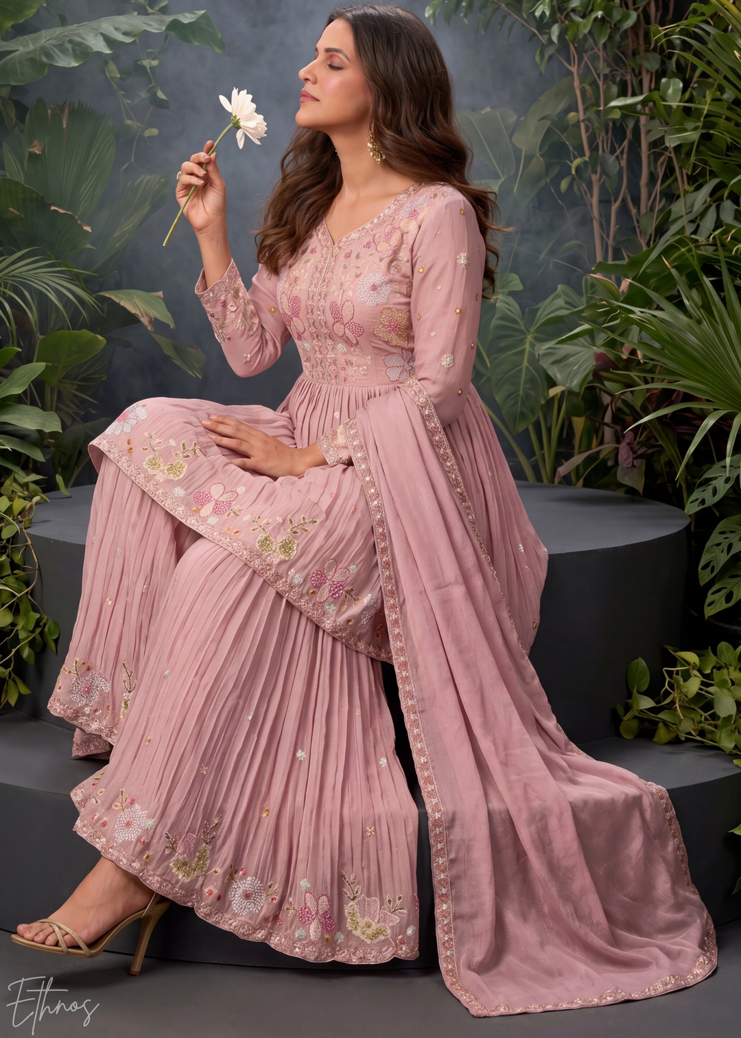 Rose Floral Embroidered Chinon Peplum Sharara Suit