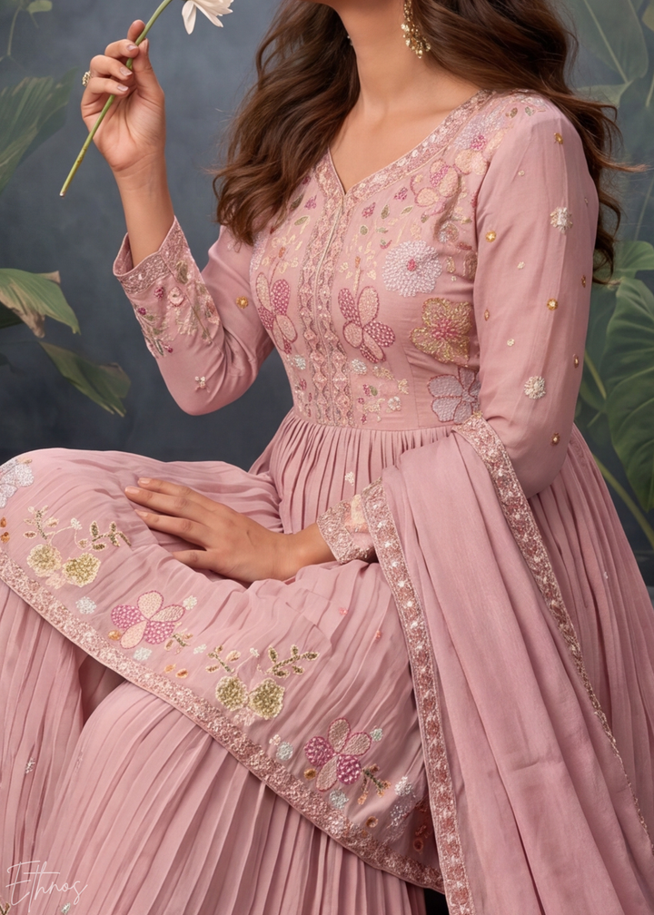 Rose Floral Embroidered Chinon Peplum Sharara Suit