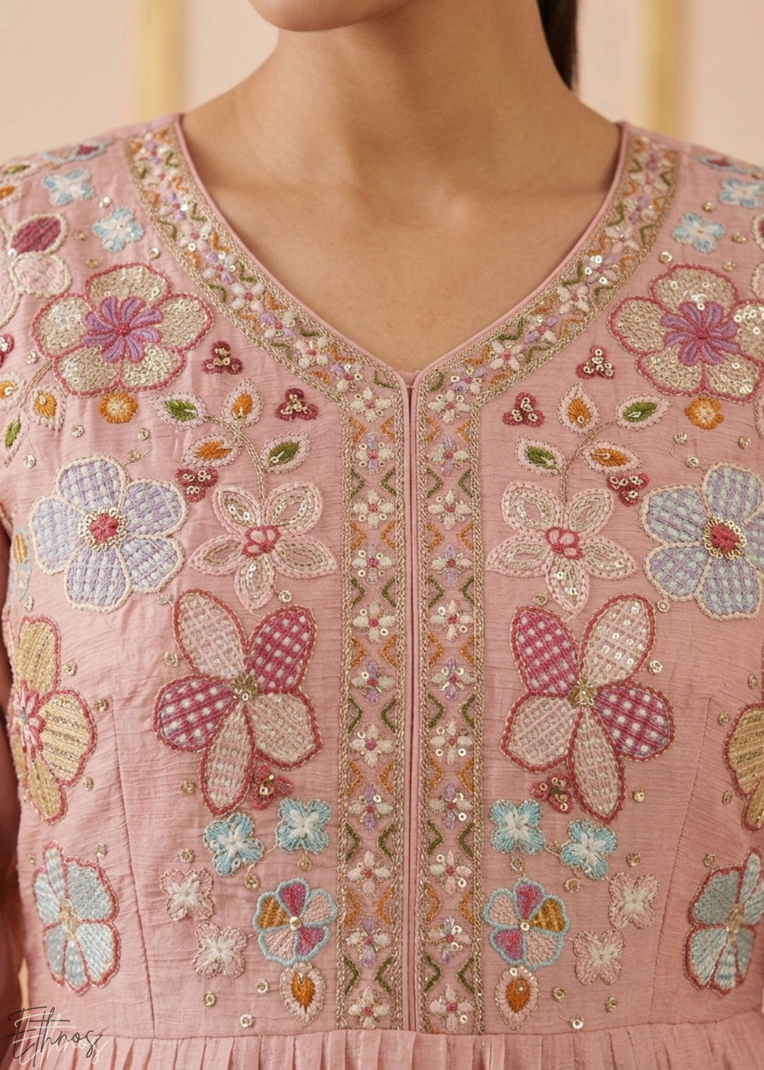 Rose Floral Embroidered Chinon Peplum Sharara Suit