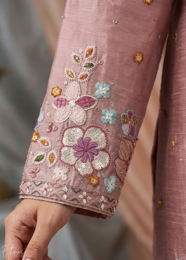 Rose Floral Embroidered Chinon Peplum Sharara Suit