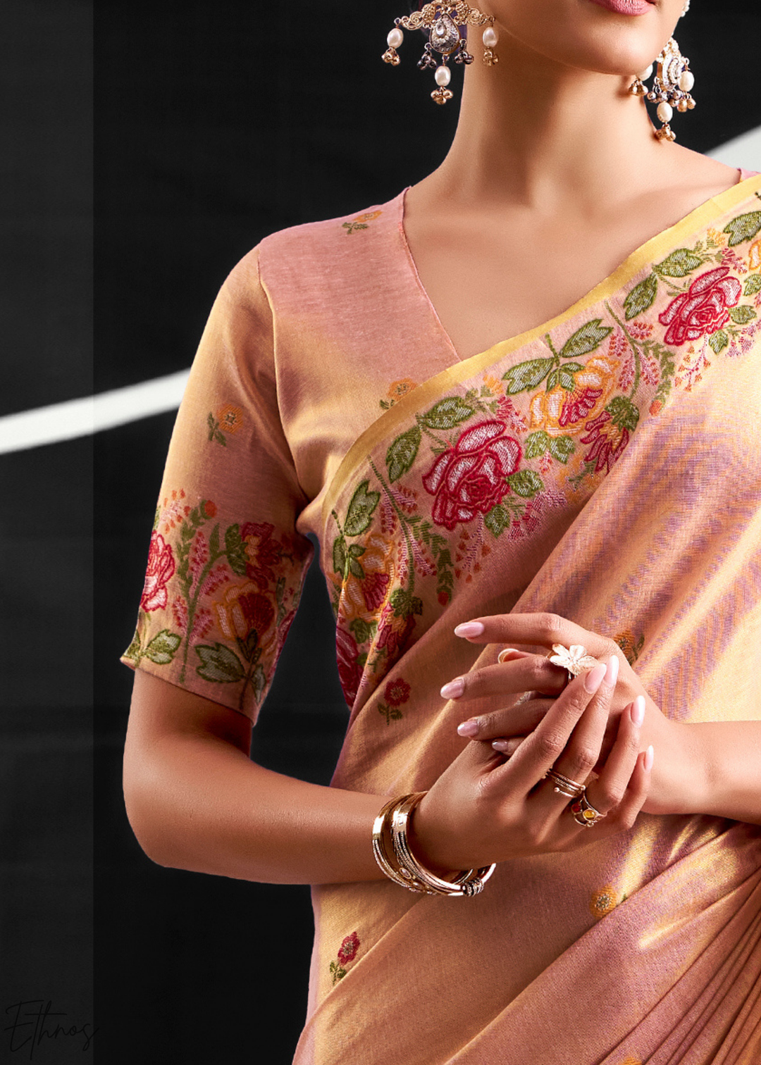 Rose Gold Rose Border Saffron Tissue Saree