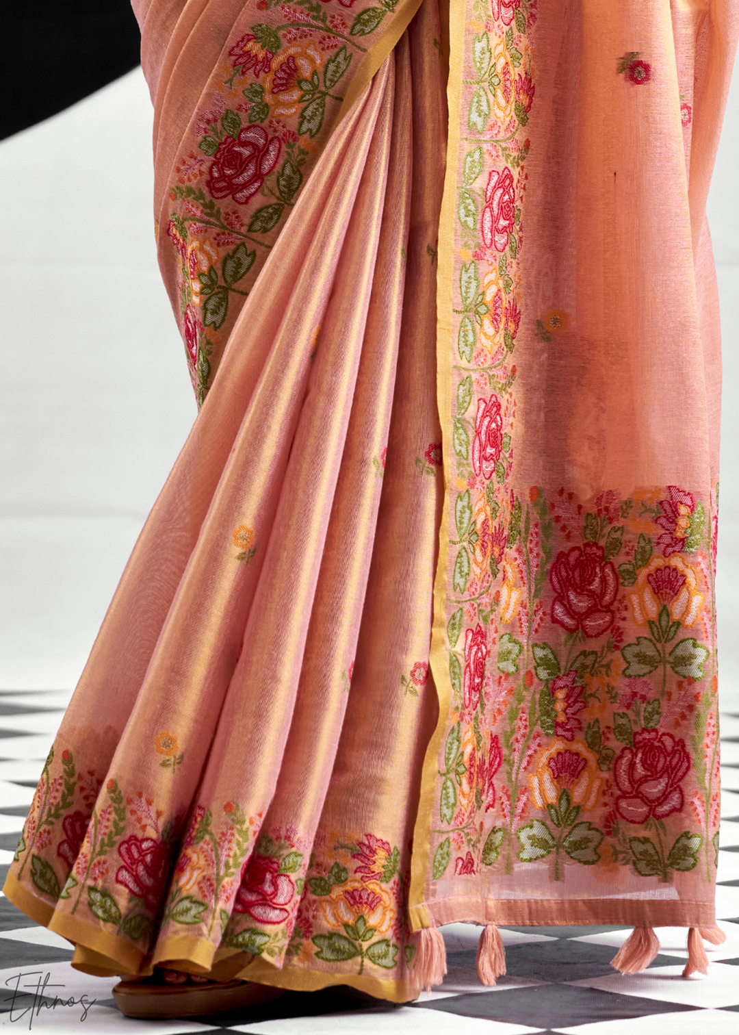 Rose Gold Rose Border Saffron Tissue Saree