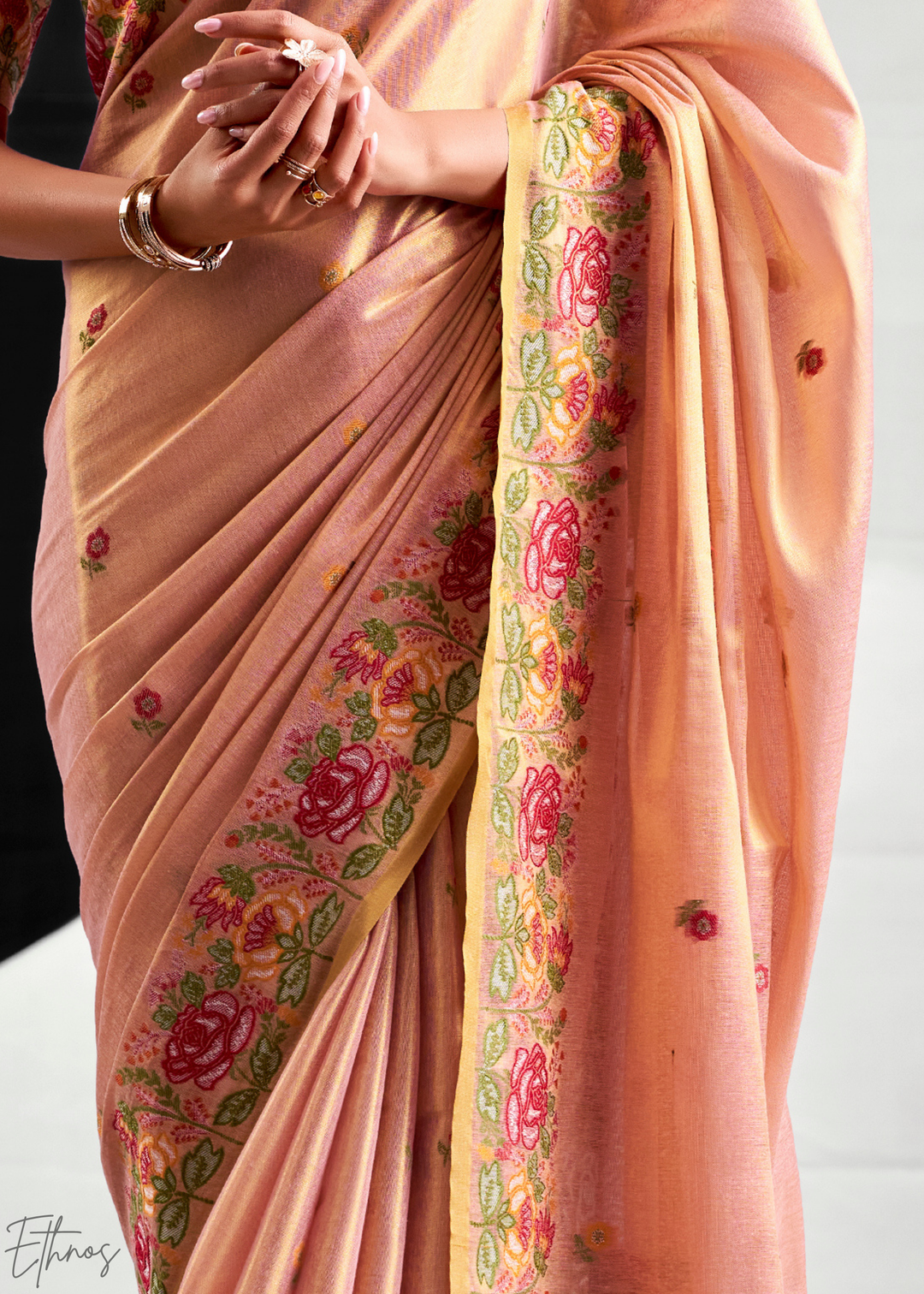 Rose Gold Rose Border Saffron Tissue Saree