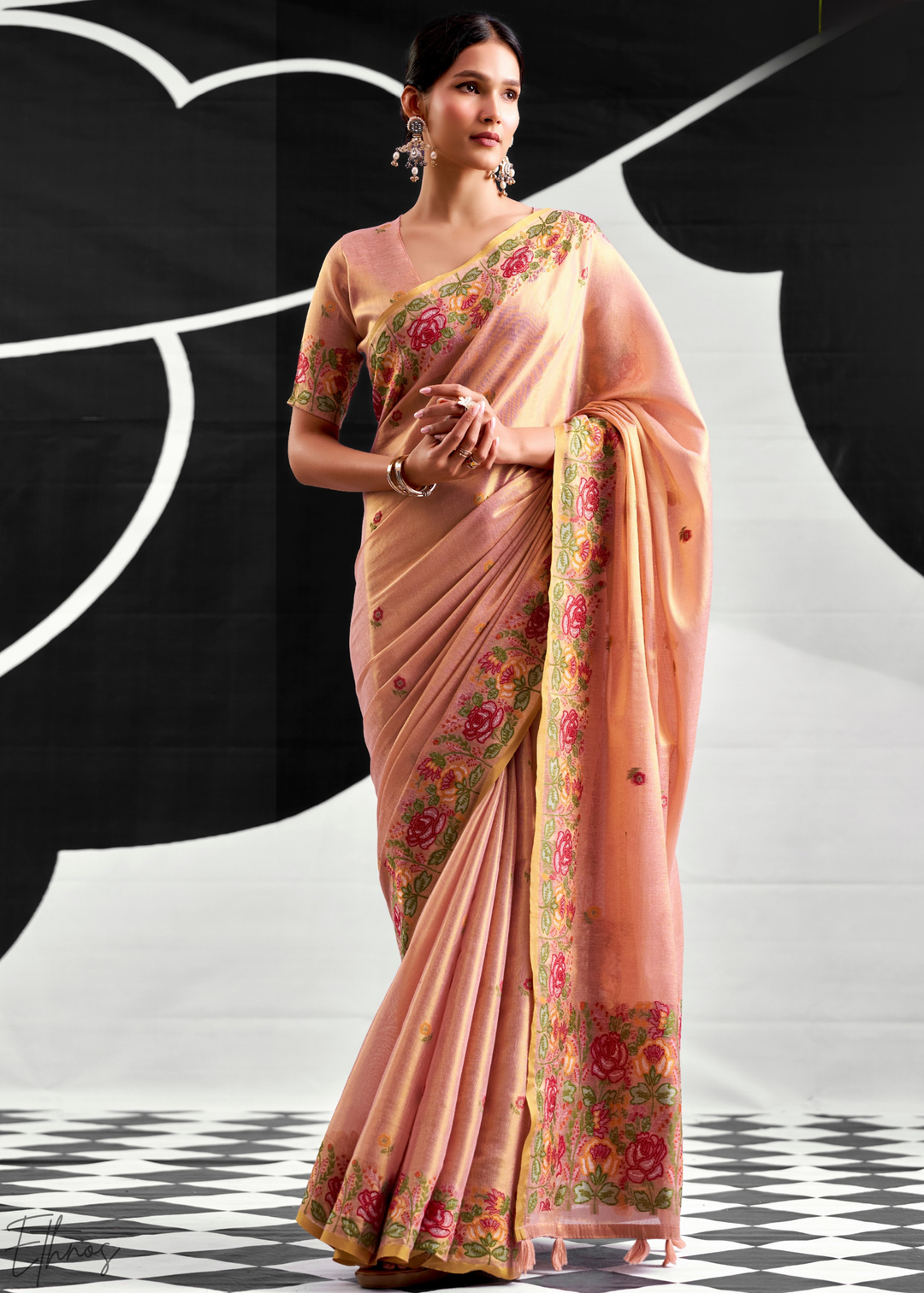 Rose Gold Rose Border Saffron Tissue Saree