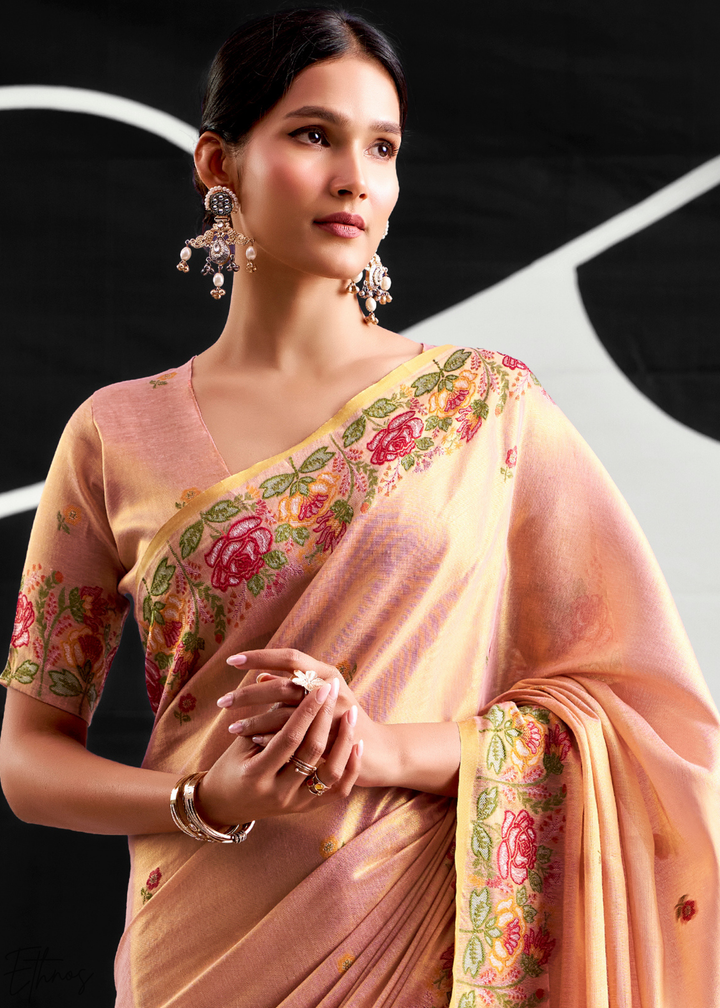 Rose Gold Rose Border Saffron Tissue Saree