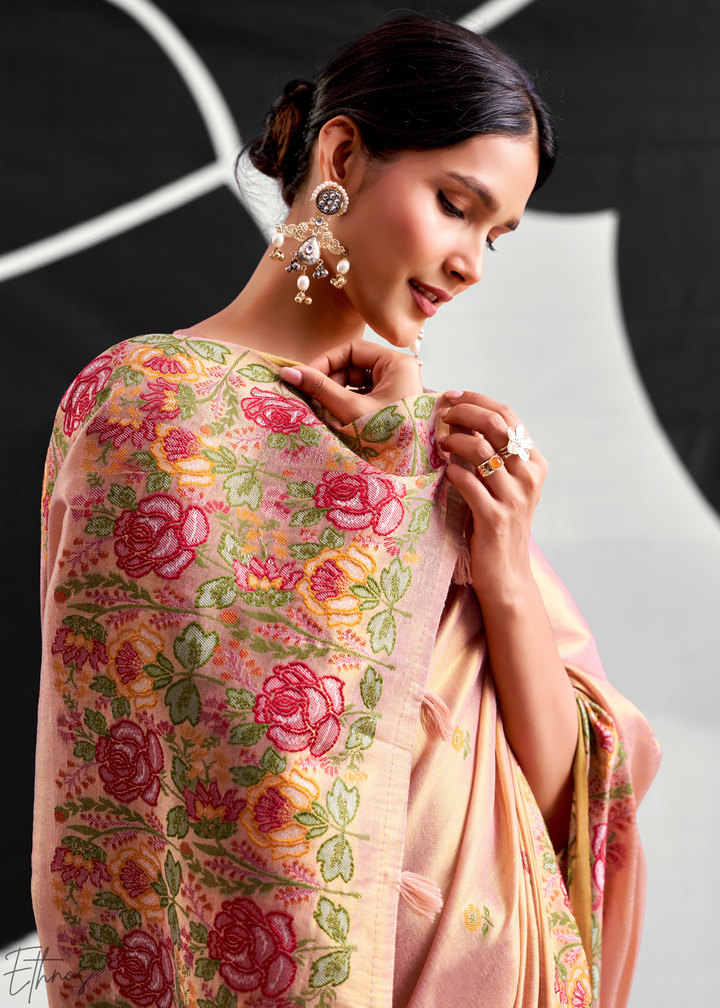 Rose Gold Rose Border Saffron Tissue Saree