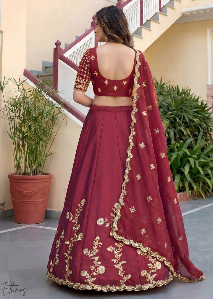 Deep Maroon Floret Zari Rangoli Silk Lehenga