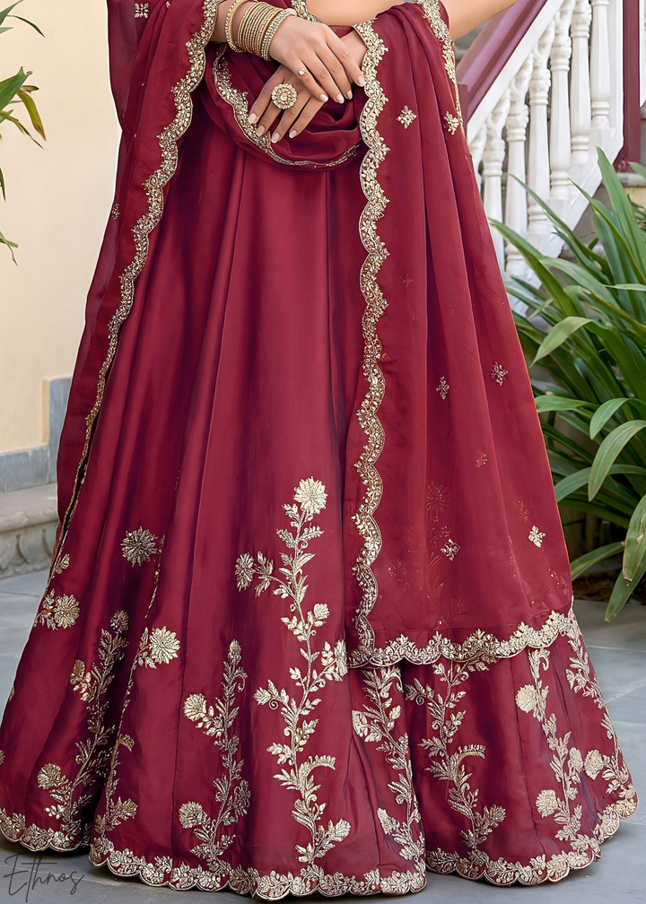Deep Maroon Floret Zari Rangoli Silk Lehenga
