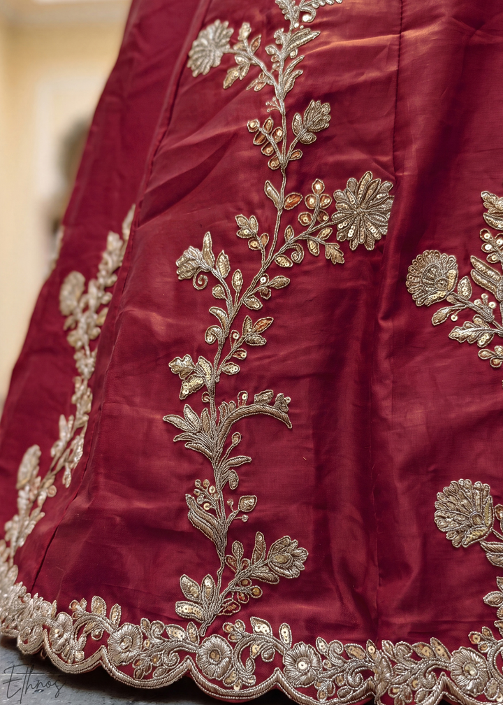 Deep Maroon Floret Zari Rangoli Silk Lehenga