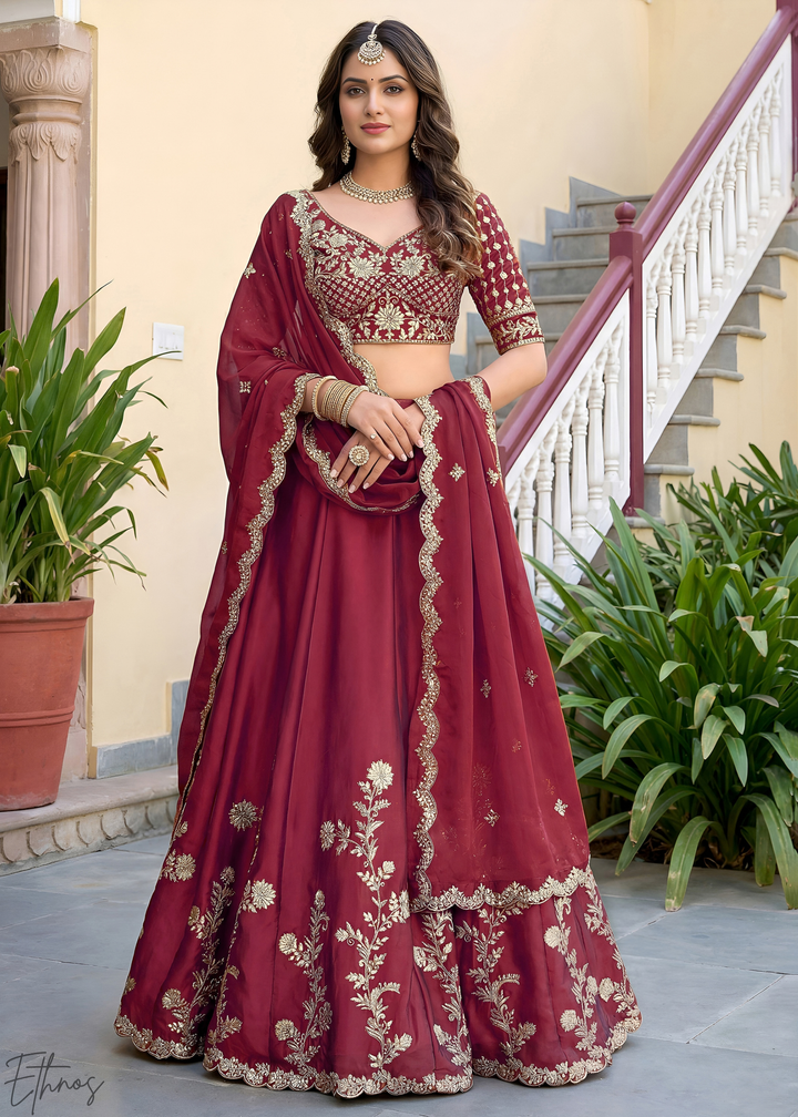 Deep Maroon Floret Zari Rangoli Silk Lehenga