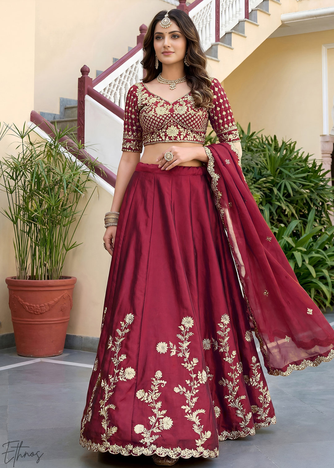 Deep Maroon Floret Zari Rangoli Silk Lehenga