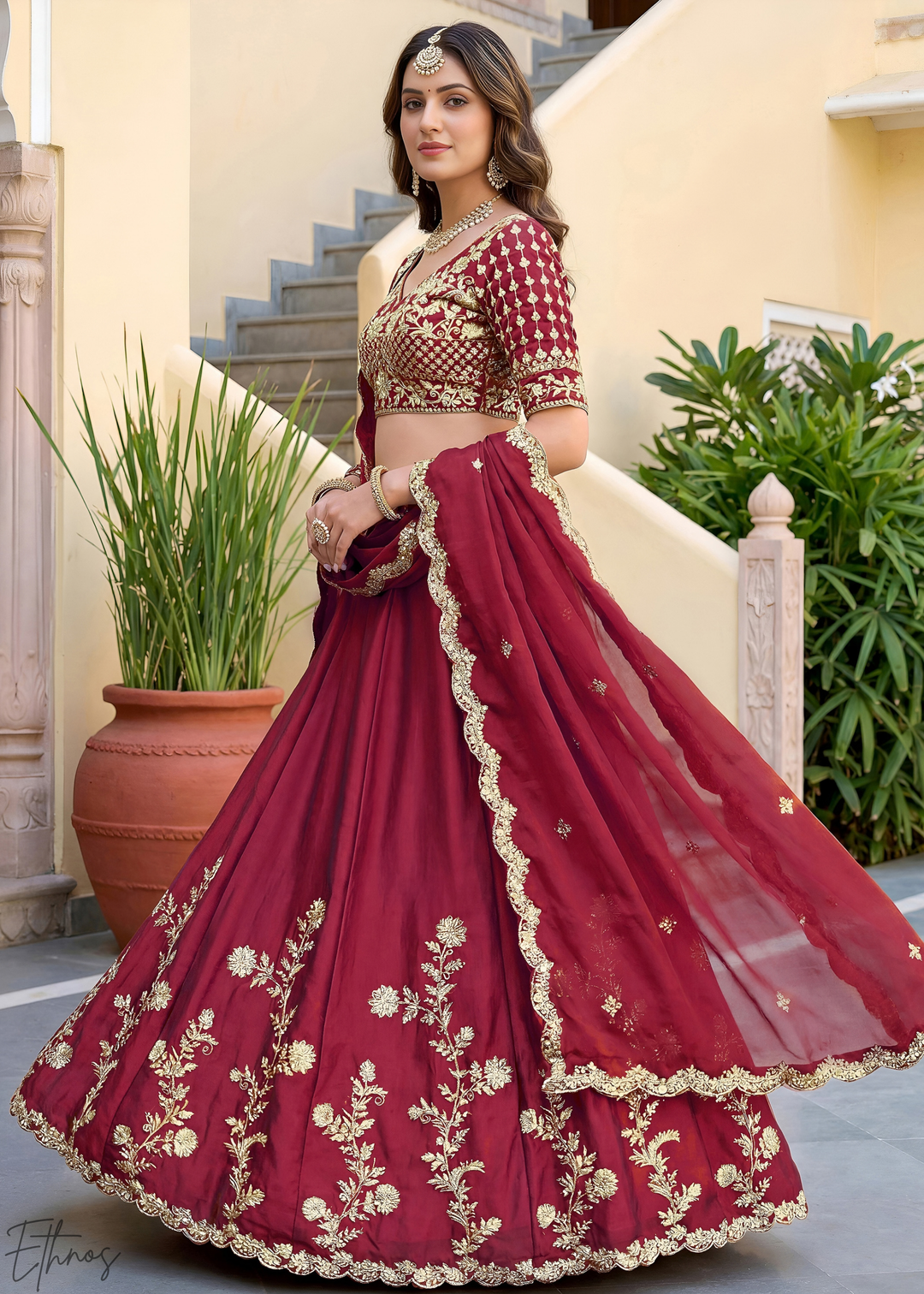 Deep Maroon Floret Zari Rangoli Silk Lehenga