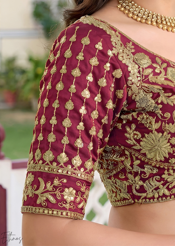 Deep Maroon Floret Zari Rangoli Silk Lehenga