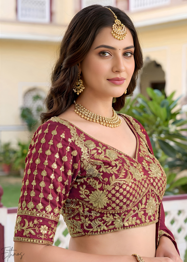 Deep Maroon Floret Zari Rangoli Silk Lehenga