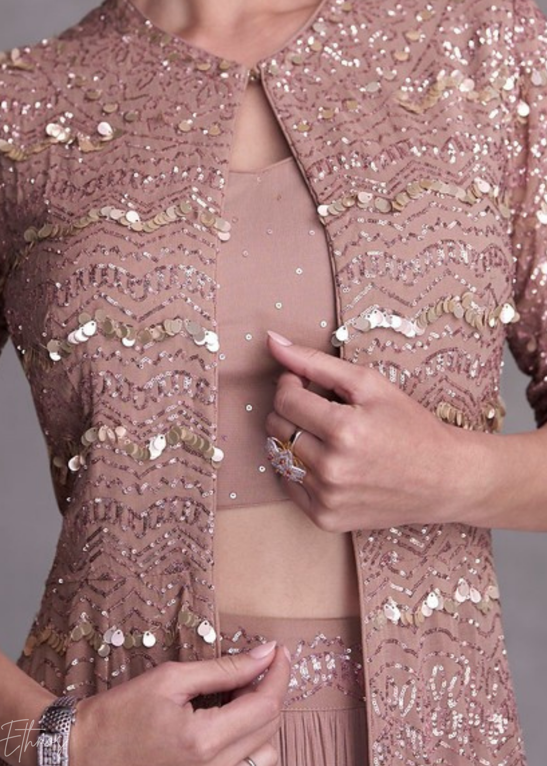 Rose Gold Georgette Jacket Choli Skirt Set