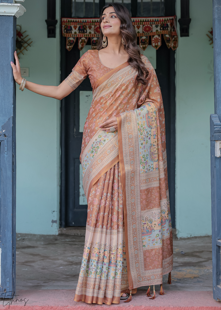 Rust Gold Royal Heritage Cotton Linen Saree