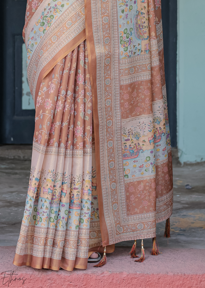 Rust Gold Royal Heritage Cotton Linen Saree