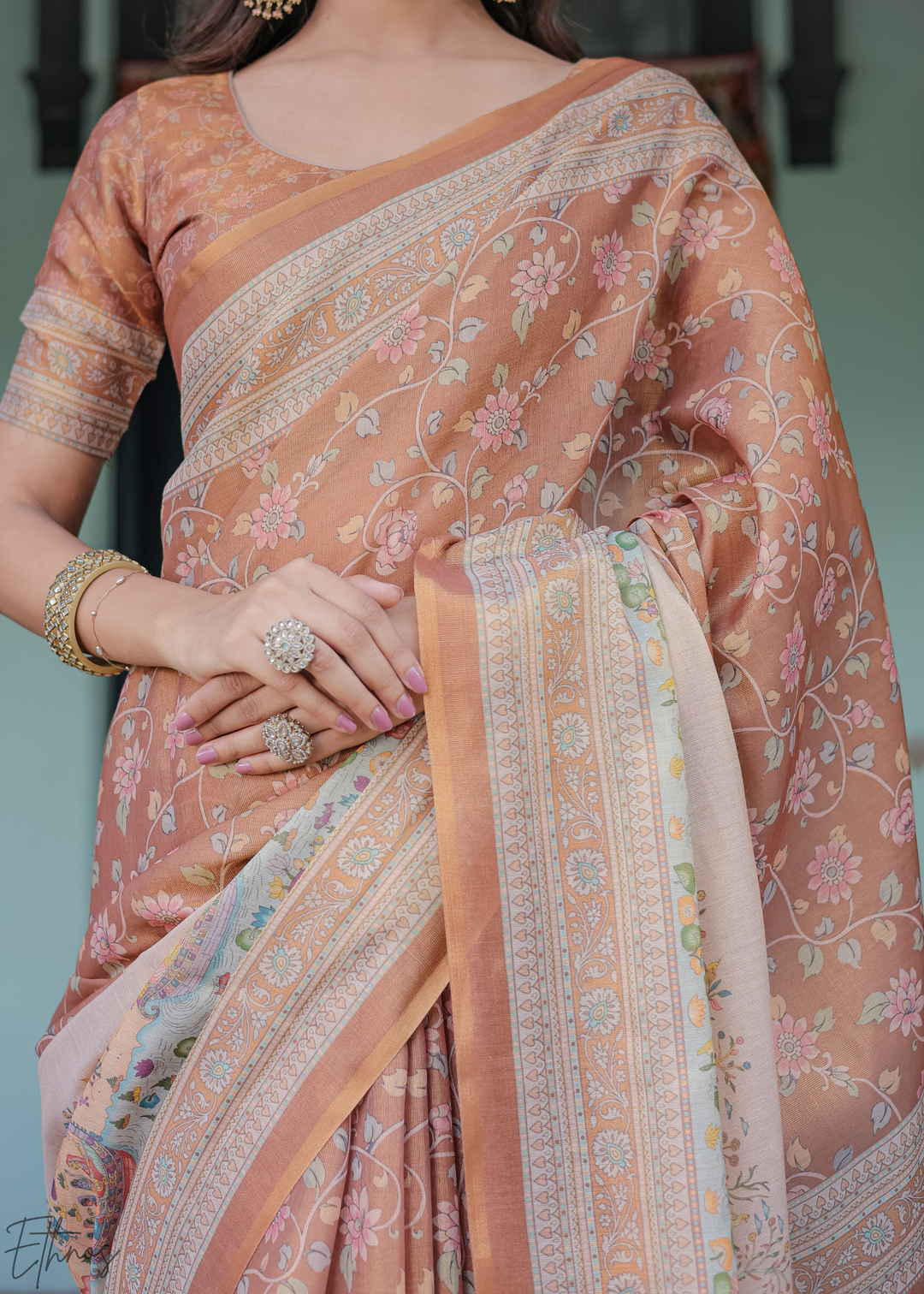 Rust Gold Royal Heritage Cotton Linen Saree