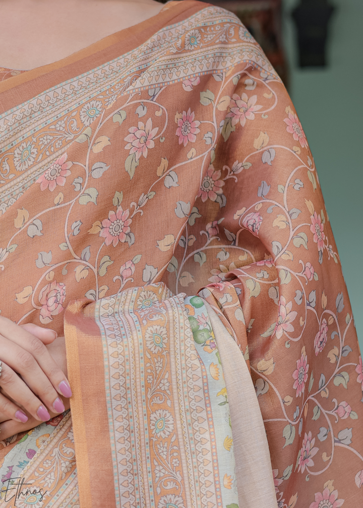 Rust Gold Royal Heritage Cotton Linen Saree