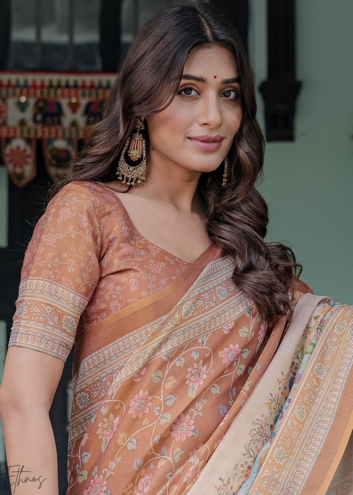 Rust Gold Royal Heritage Cotton Linen Saree
