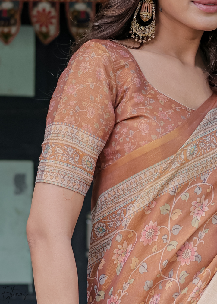 Rust Gold Royal Heritage Cotton Linen Saree
