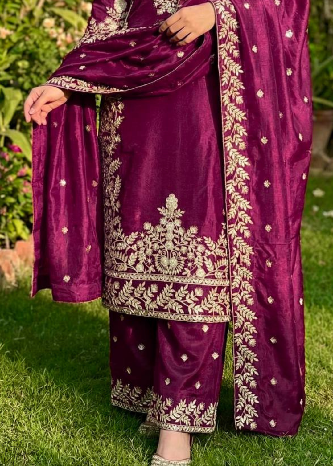Wine Silk Embroidered Silk Palazzo Suit