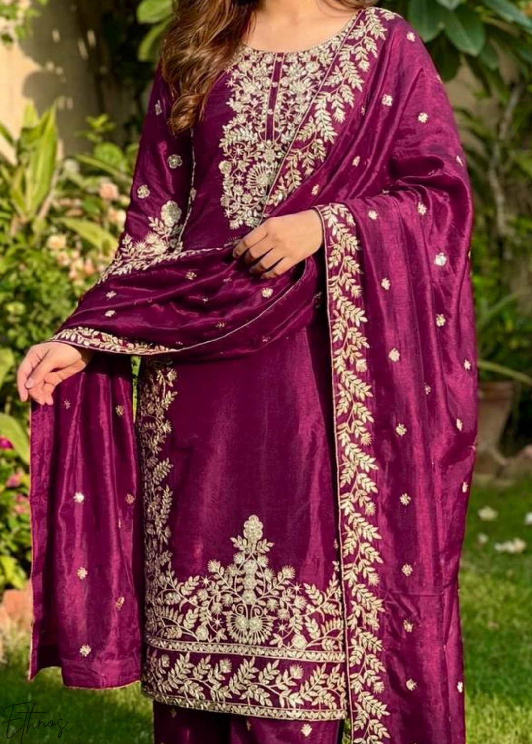 Wine Silk Embroidered Silk Palazzo Suit