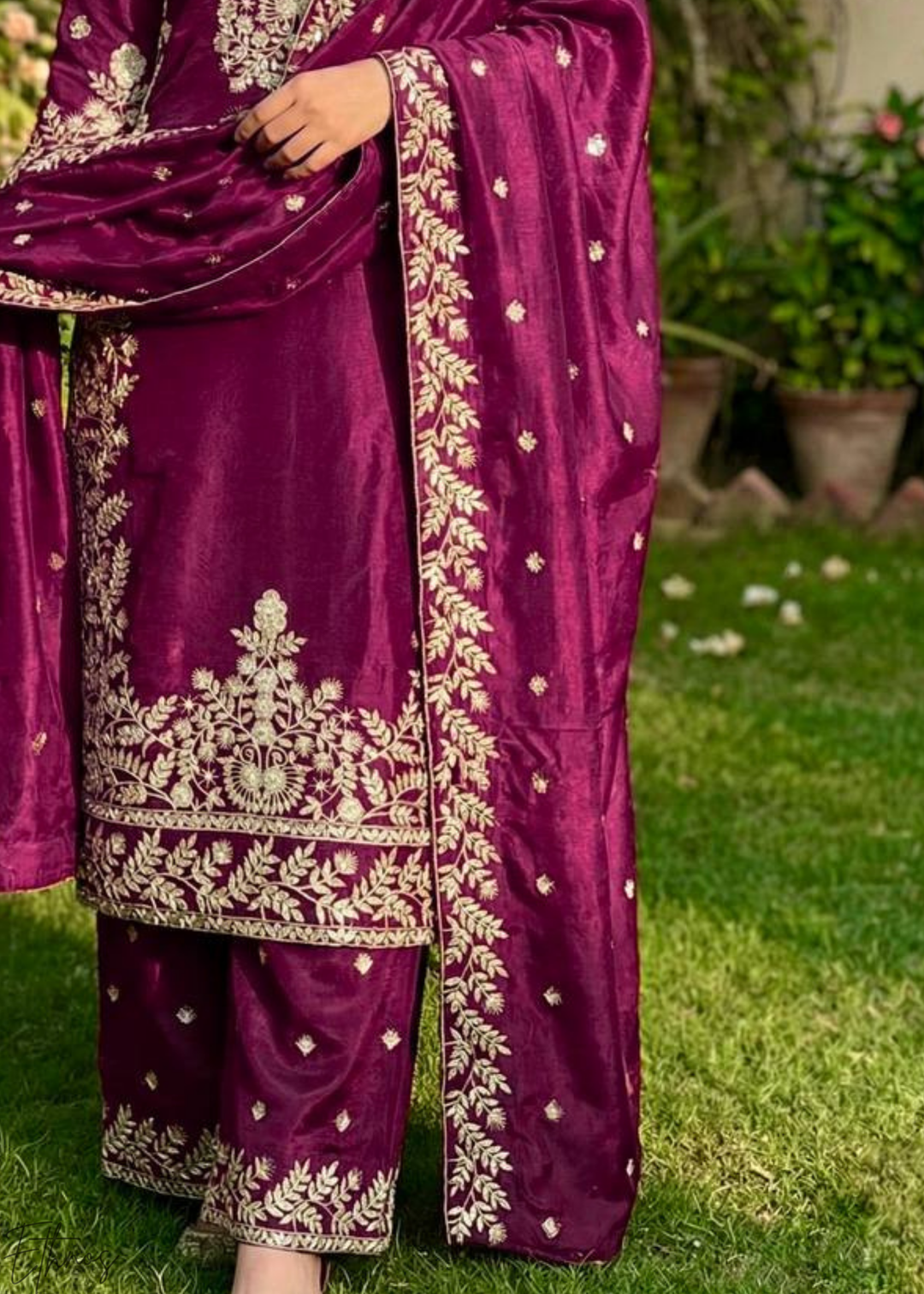 Wine Silk Embroidered Silk Palazzo Suit