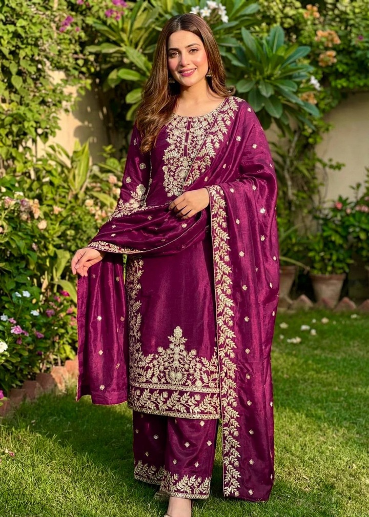Wine Silk Embroidered Silk Palazzo Suit