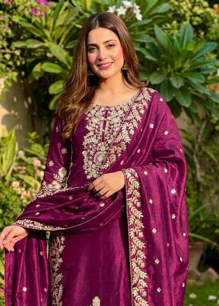 Wine Silk Embroidered Silk Palazzo Suit