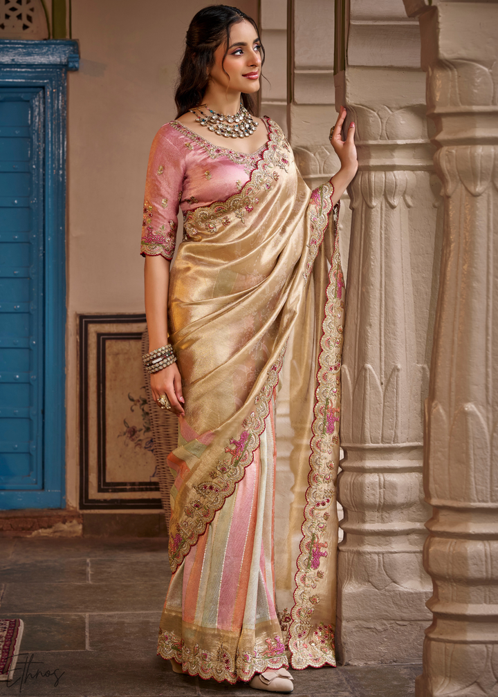 Rose Gold Striped Pallu Embroidered Silk Saree